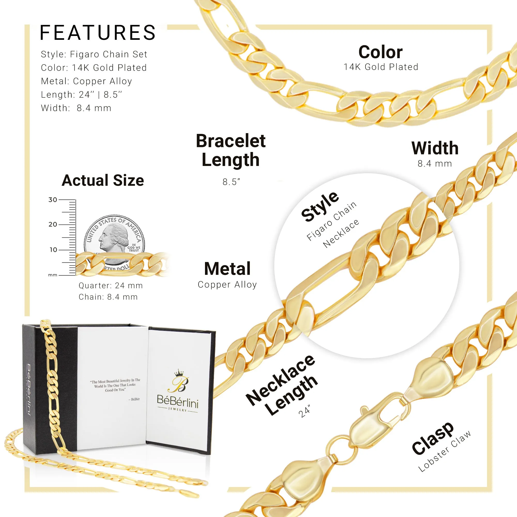 14K Gold-Filled Figaro Chain Necklace 24" Bracelet 8.5" Set