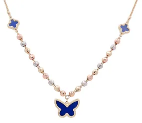 14K Yellow Gold Butterfly and Fashion Flower Blue Stones Necklace