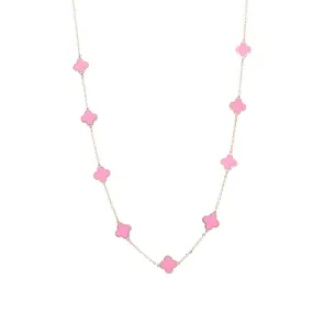 14K Yellow Gold Fashion Flower Pendant with Pink Stones Necklace