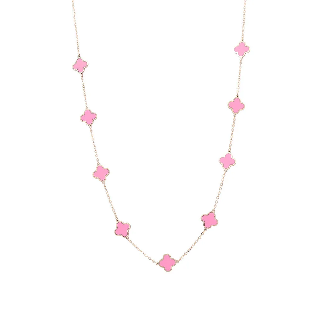 14K Yellow Gold Fashion Flower Pendant with Pink Stones Necklace