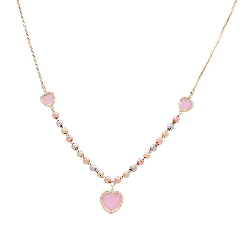 14K Yellow Gold Hearts Pink Stones Necklace