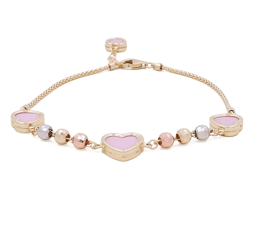 14K Yellow Gold Hearts Pink Stones Necklace