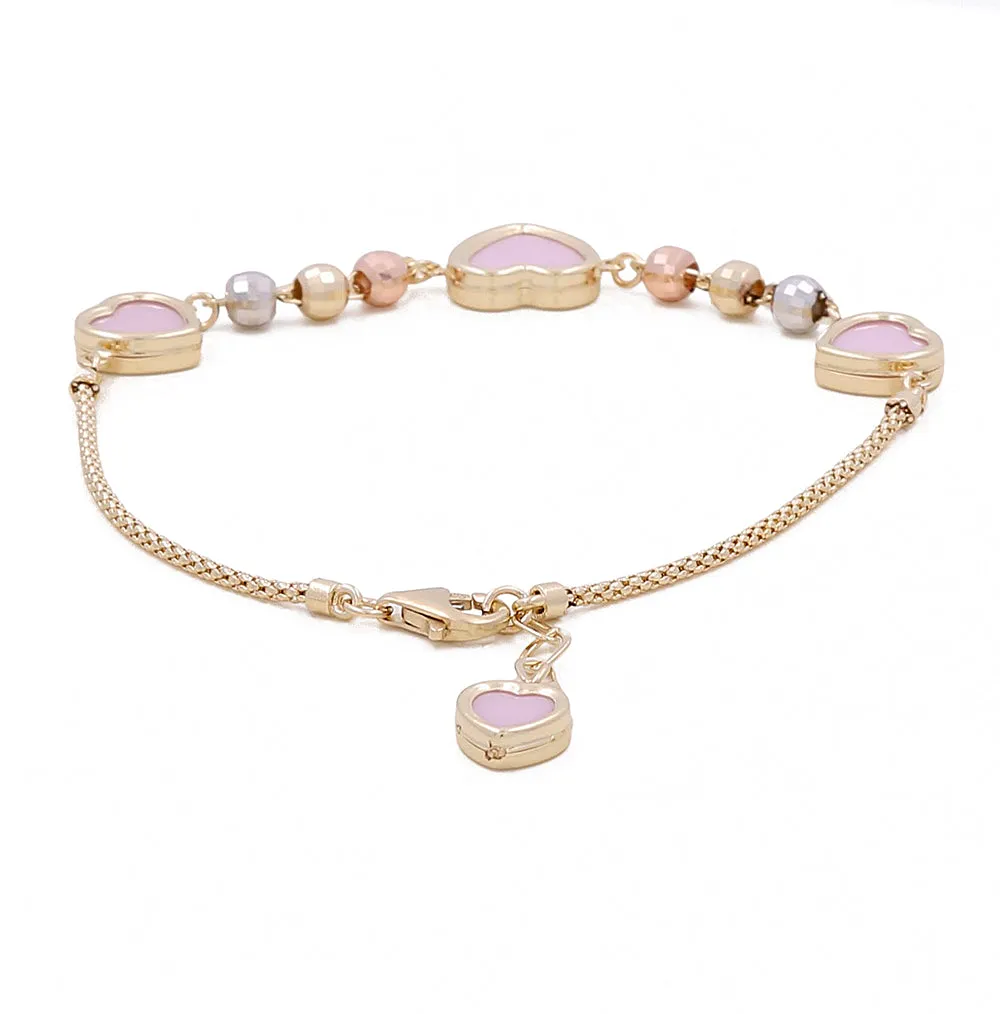 14K Yellow Gold Hearts Pink Stones Necklace