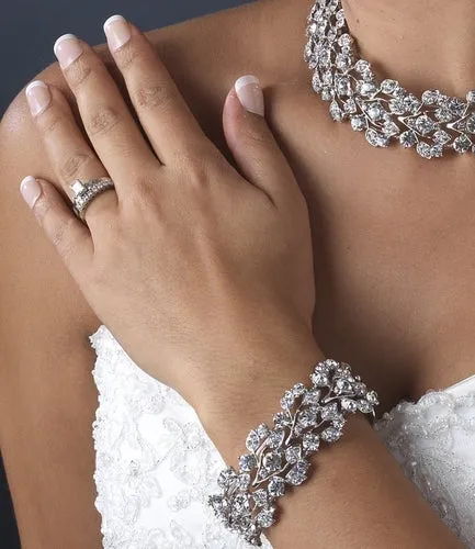 Bridal Jewelry Crystal Rhinestone Floral Leaf Vine Stretch Bracelet Silver Clear