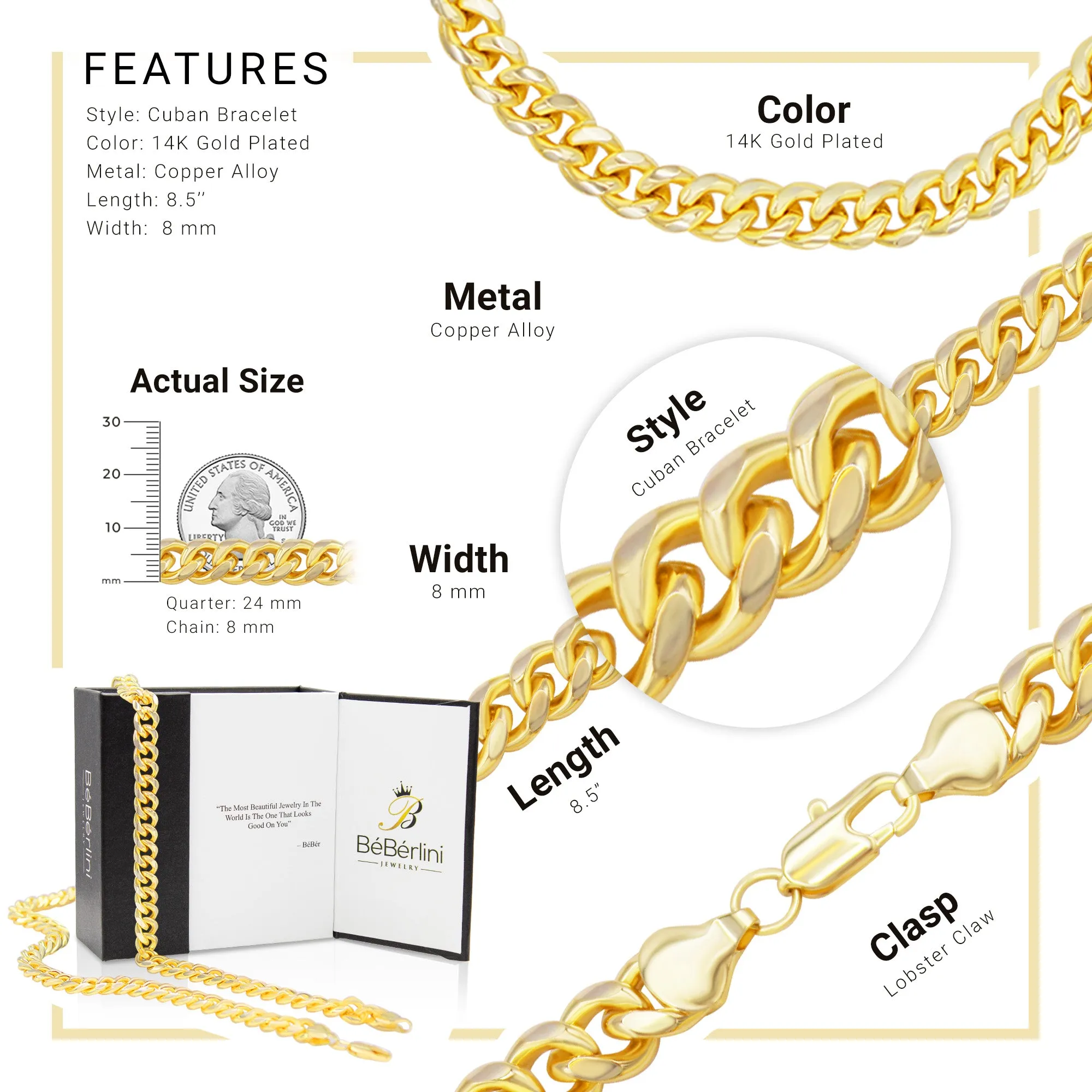 Cuban Link Chain 14K Gold Filled Bracelet 8.5" Lobster Claw Clasp Jewelry Men 8 mm