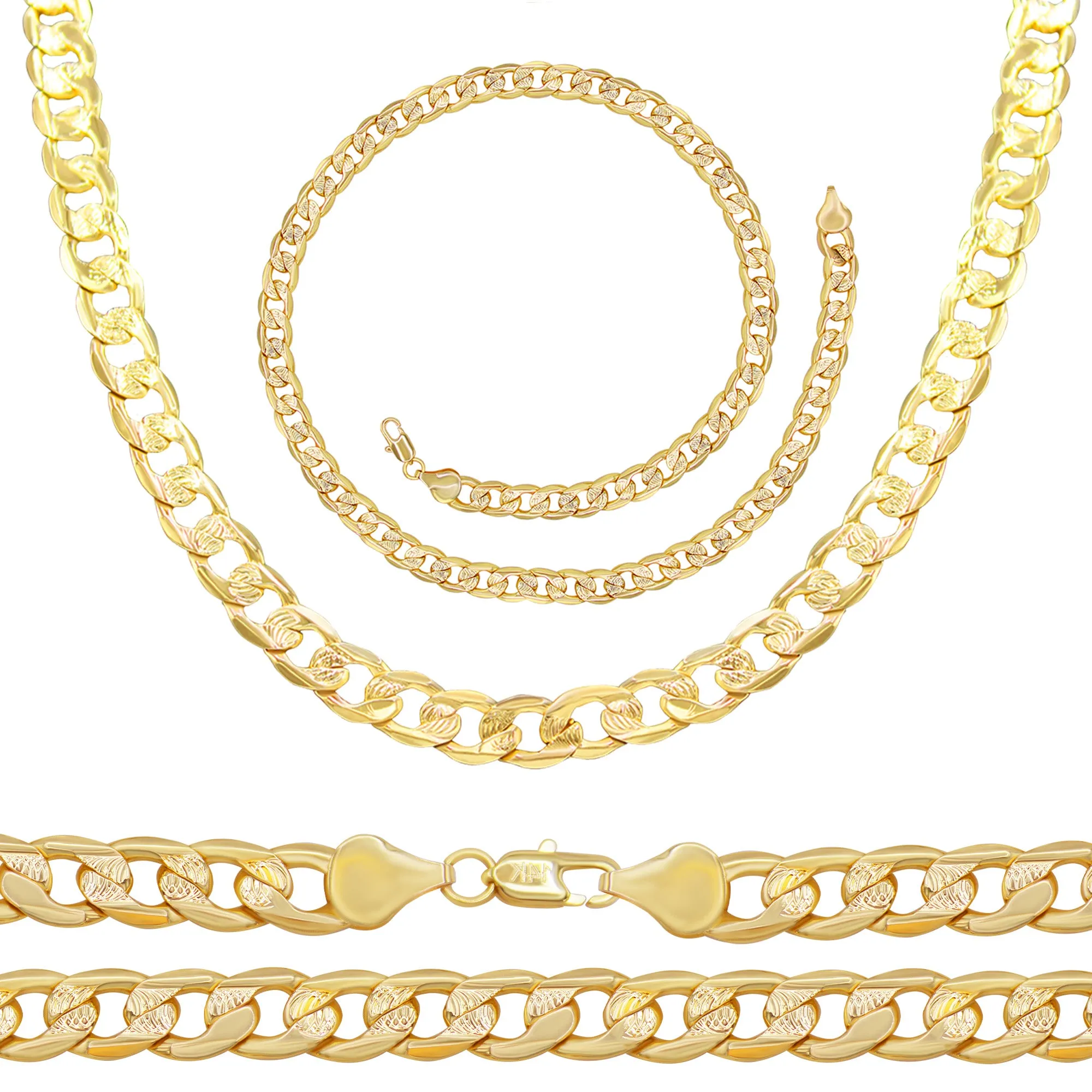 Diamond-Cut 14K Gold-Filled Cuban Link Chain Necklace 24" Bracelet 8.5" Set 9 mm