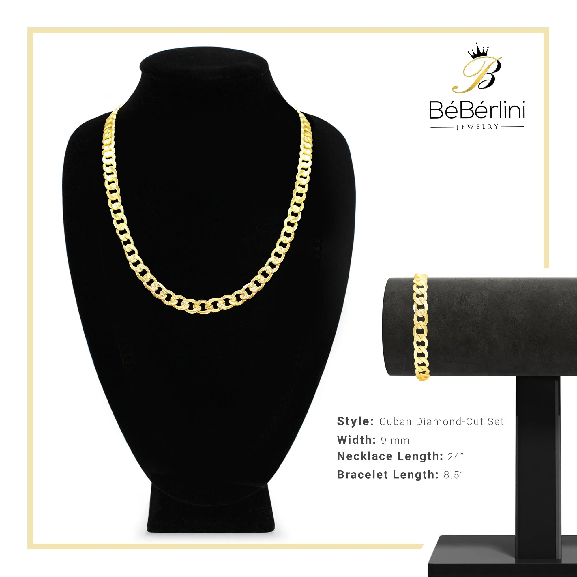 Diamond-Cut 14K Gold-Filled Cuban Link Chain Necklace 24" Bracelet 8.5" Set 9 mm