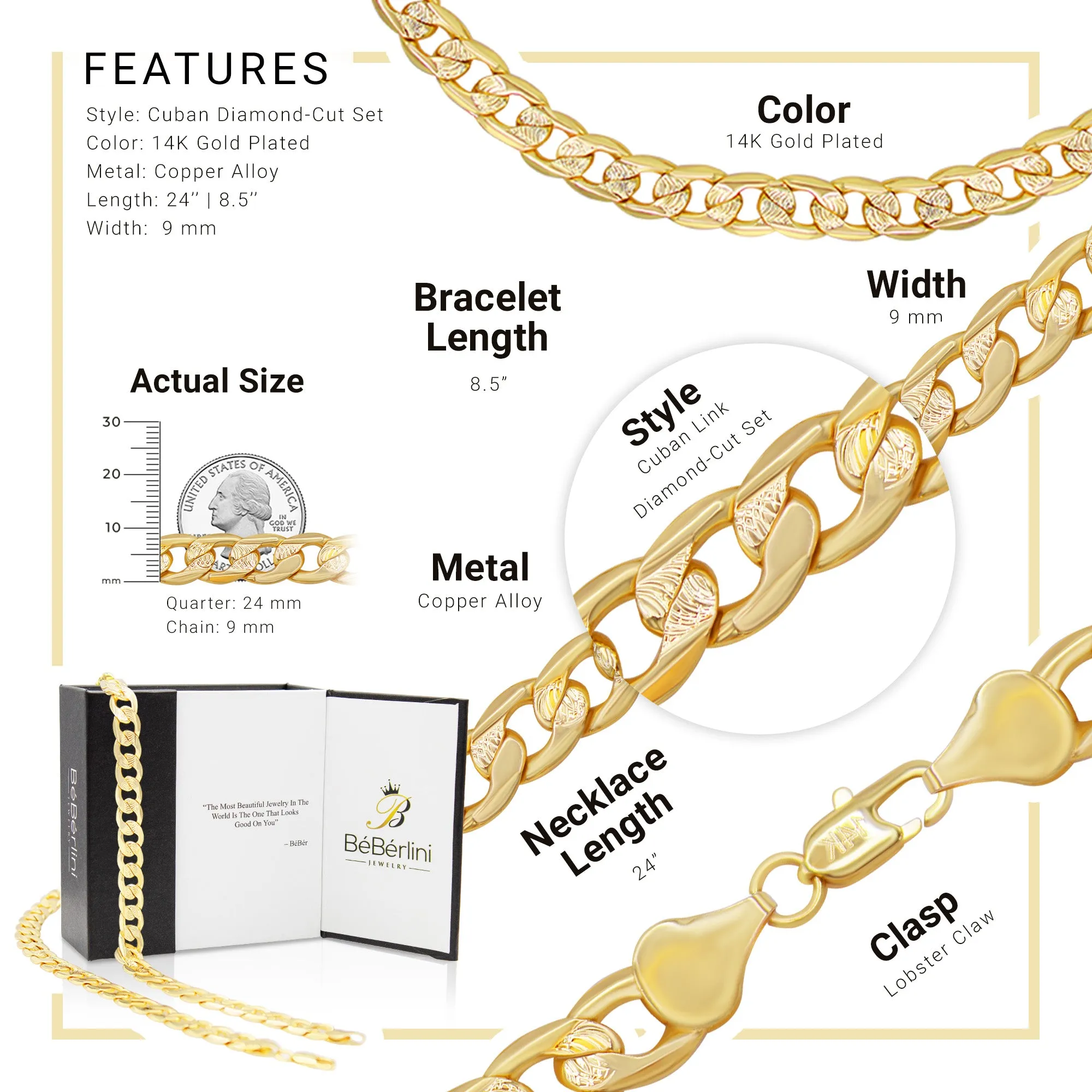Diamond-Cut 14K Gold-Filled Cuban Link Chain Necklace 24" Bracelet 8.5" Set 9 mm