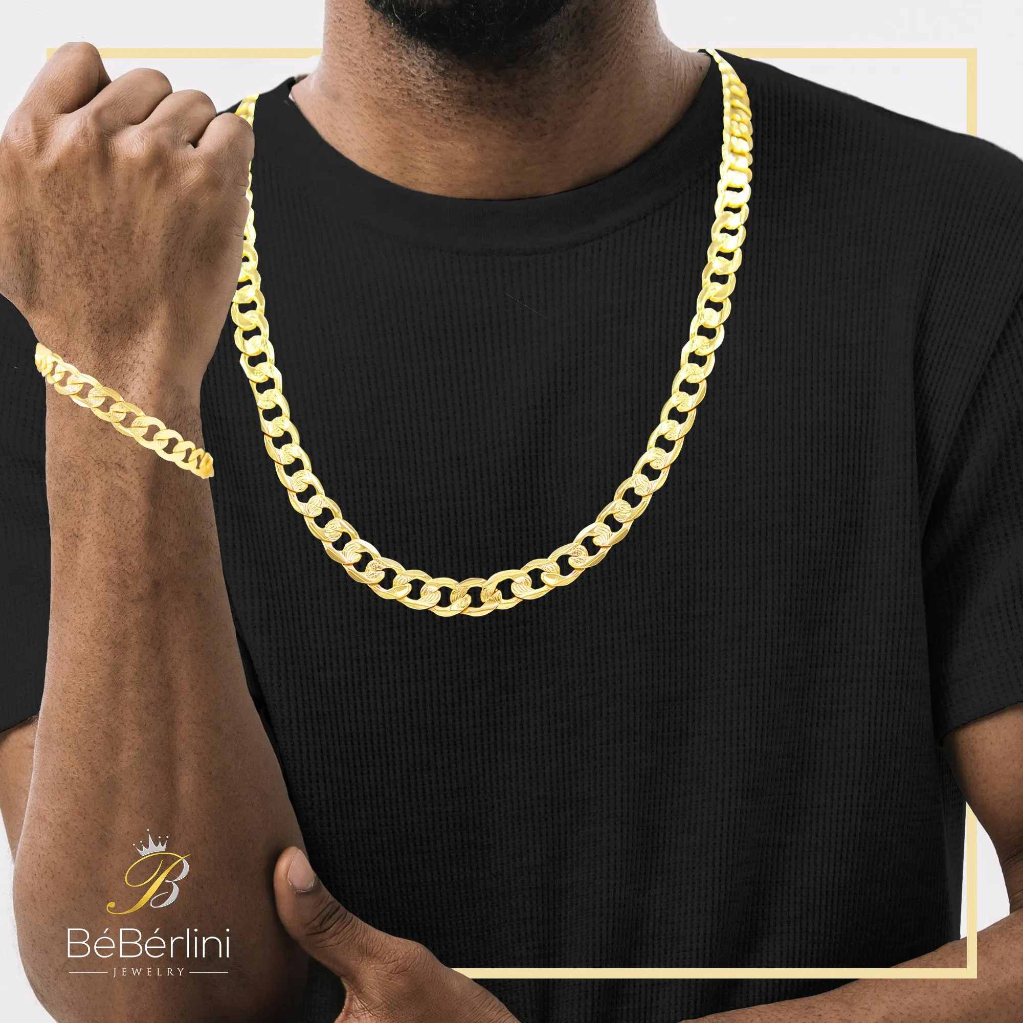 Diamond-Cut 14K Gold-Filled Cuban Link Chain Necklace 24" Bracelet 8.5" Set 9 mm