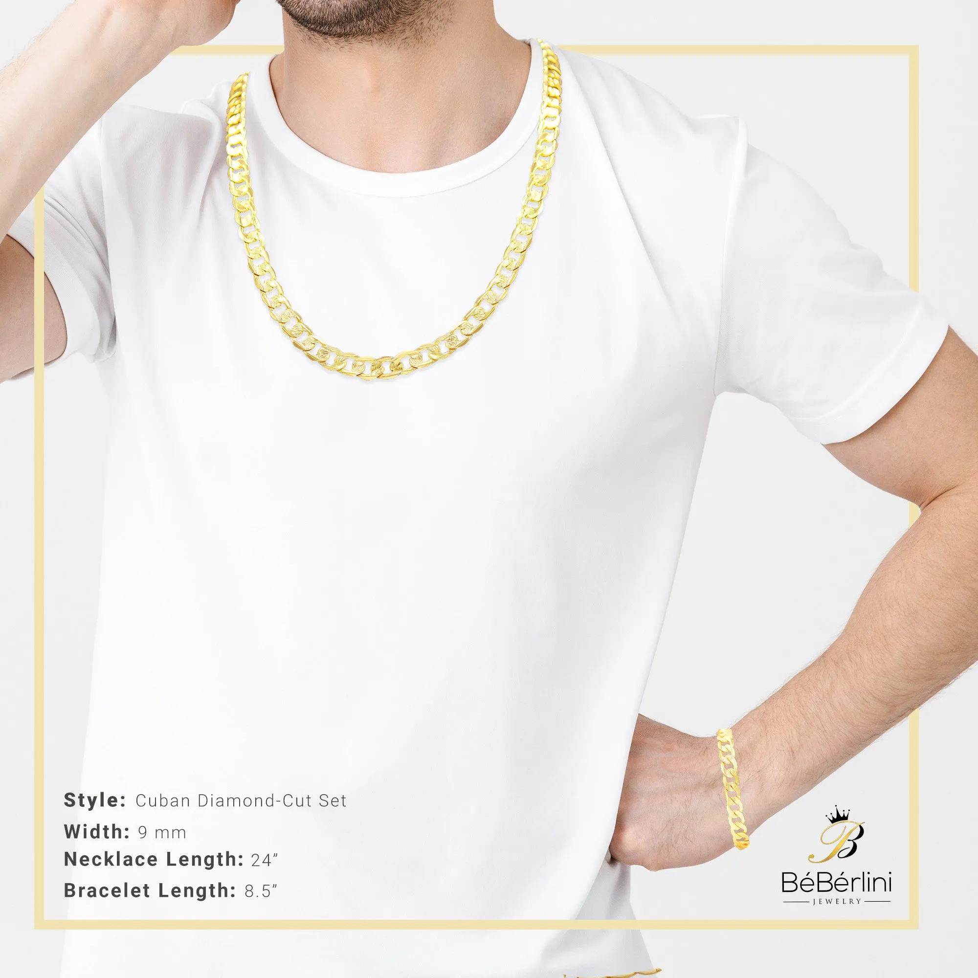 Diamond-Cut 14K Gold-Filled Cuban Link Chain Necklace 24" Bracelet 8.5" Set 9 mm