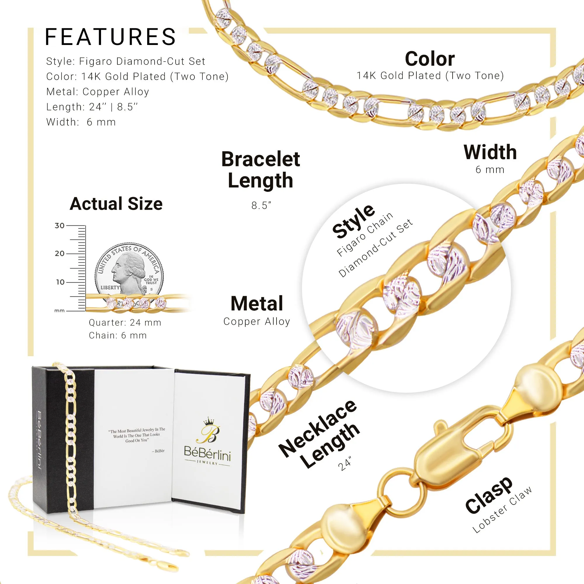 Diamond-Cut 14K Gold-Filled Figaro Chain Necklace 24" Bracelet 8.5" Set 6 mm