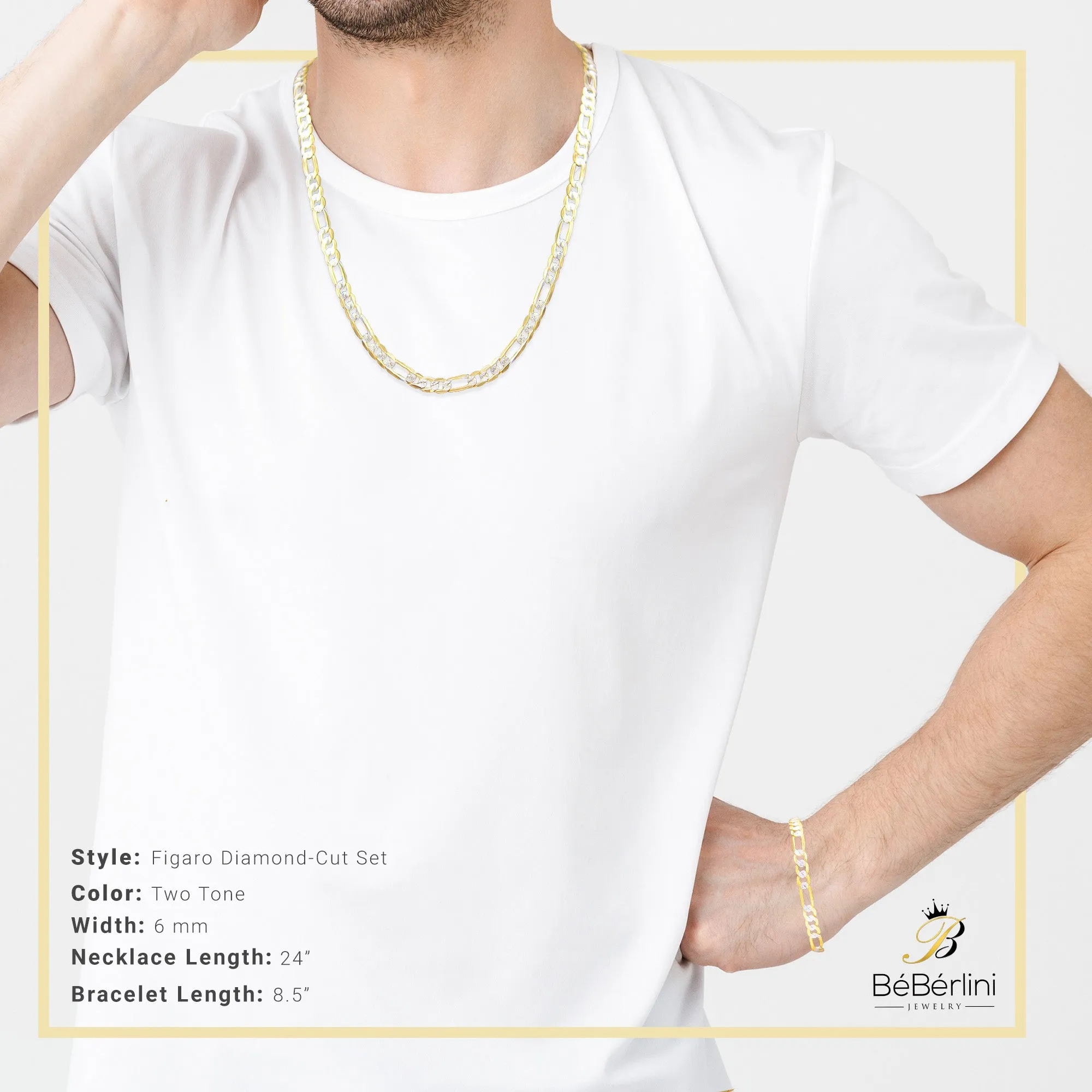 Diamond-Cut 14K Gold-Filled Figaro Chain Necklace 24" Bracelet 8.5" Set 6 mm