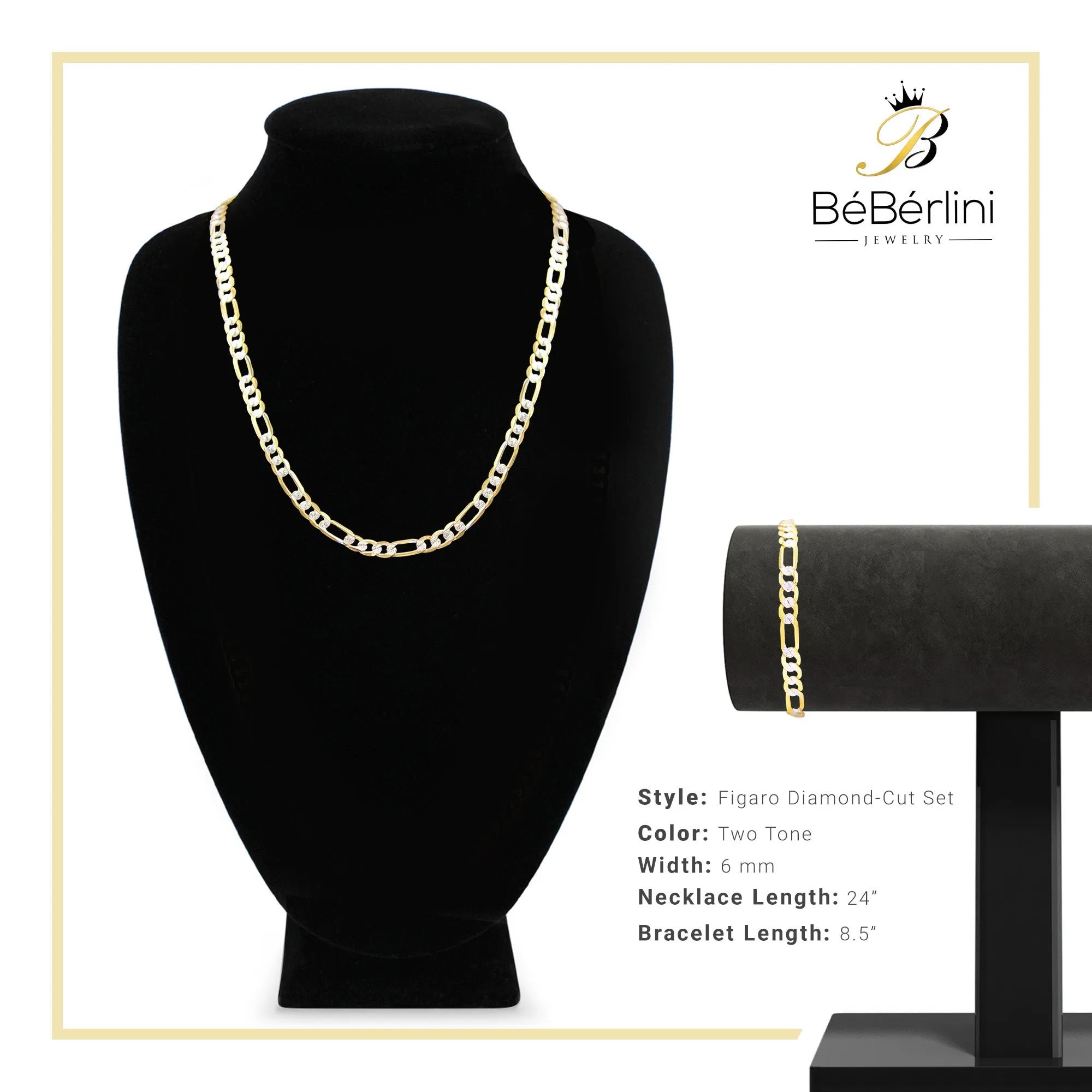 Diamond-Cut 14K Gold-Filled Figaro Chain Necklace 24" Bracelet 8.5" Set 6 mm