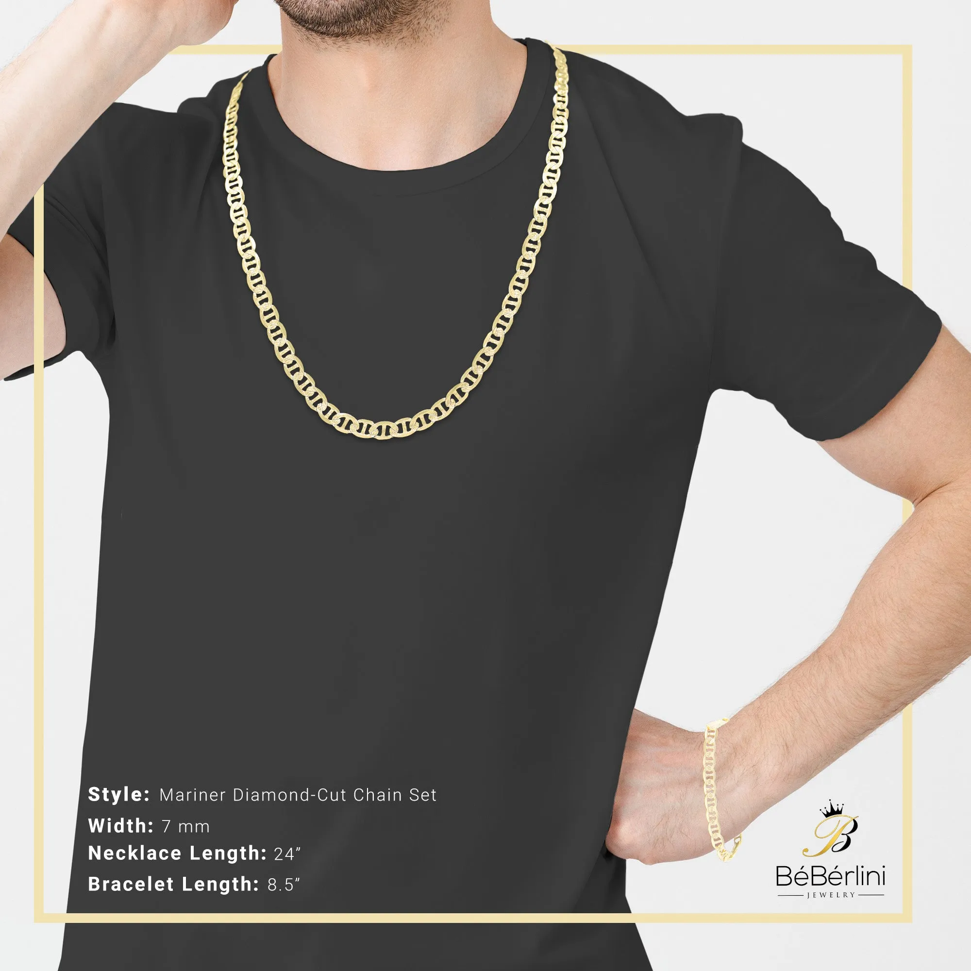 Diamond-Cut 14K Gold Filled Mariner Chain Necklace 24" Bracelet 8.5" Set 7 mm