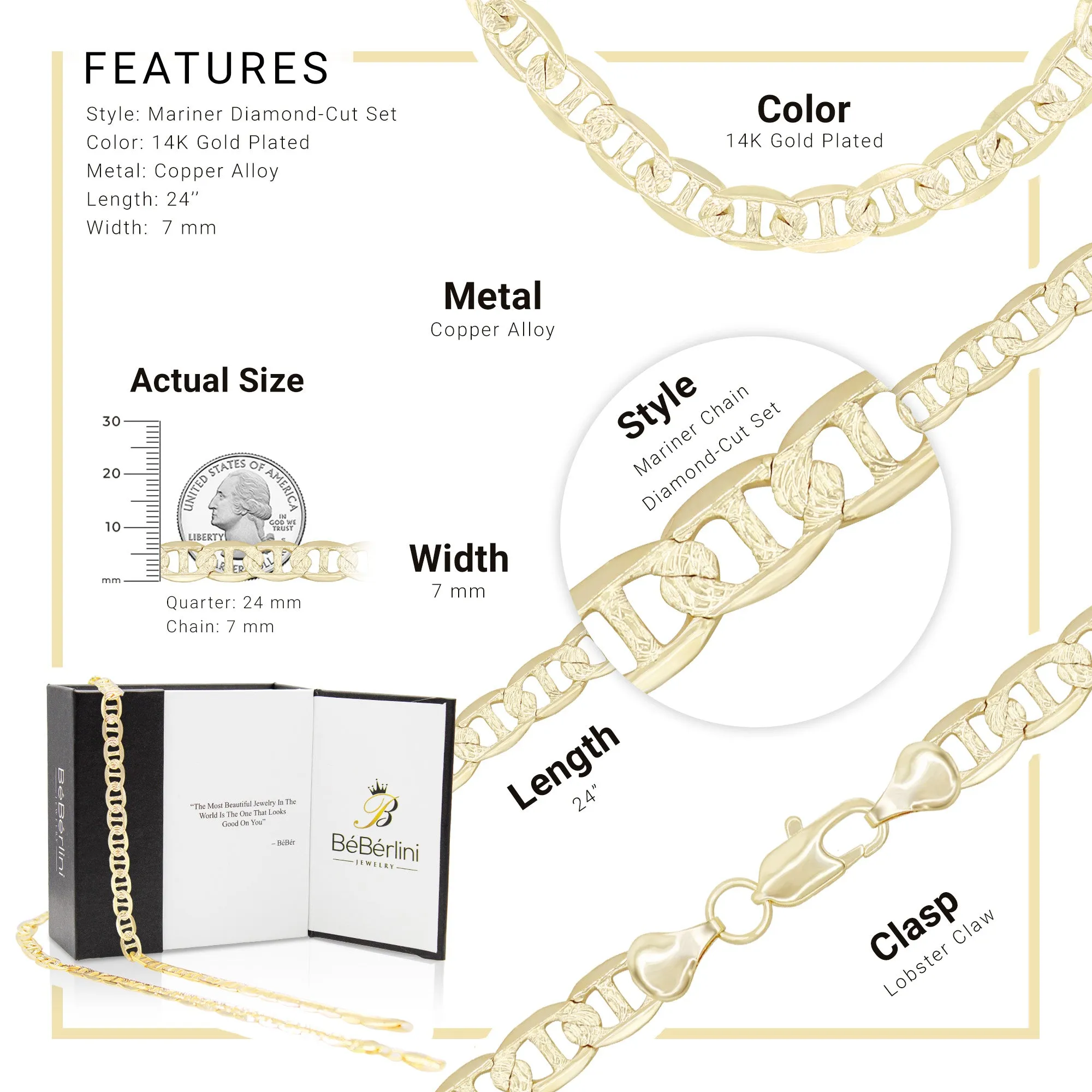 Diamond-Cut 14K Gold Filled Mariner Chain Necklace 24" Bracelet 8.5" Set 7 mm