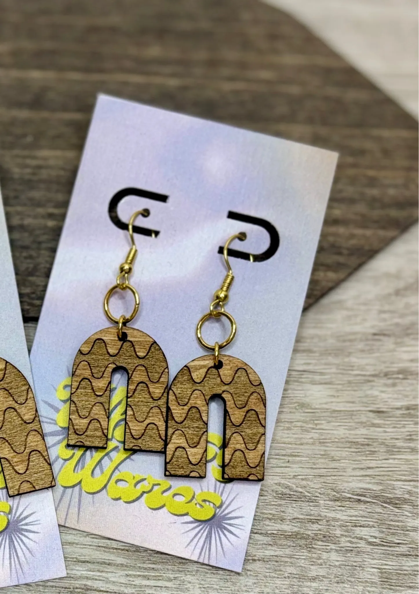 Engraved Funky Squiggles - Natural Wood Earrings