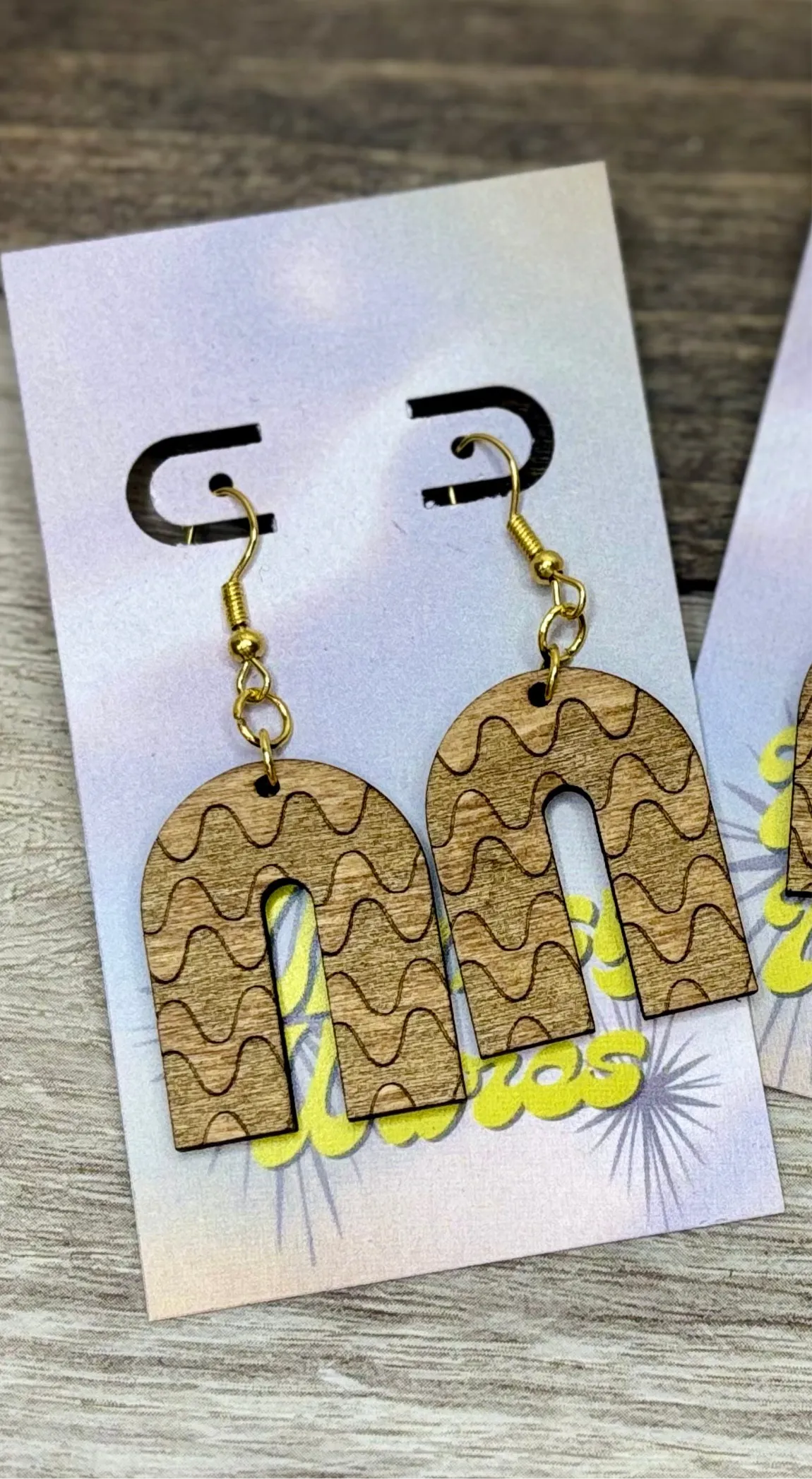 Engraved Funky Squiggles - Natural Wood Earrings