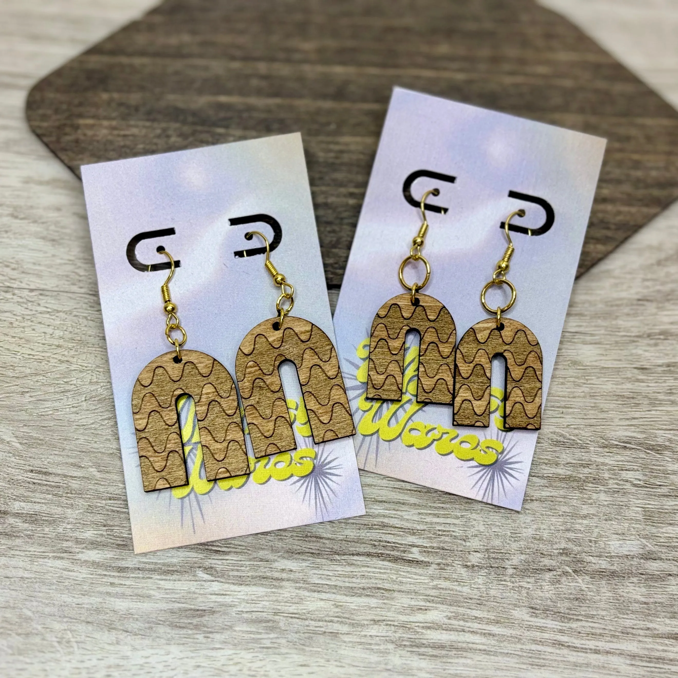 Engraved Funky Squiggles - Natural Wood Earrings