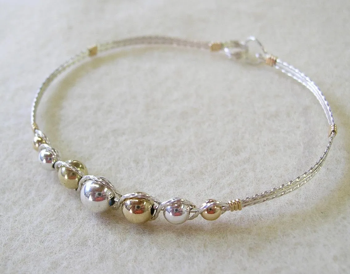 Graduated Two Tone Sterling Silver & Gold Filled Beads Wire Wrapped Bracelet