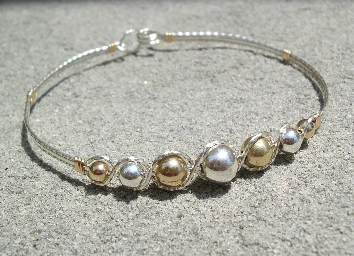 Graduated Two Tone Sterling Silver & Gold Filled Beads Wire Wrapped Bracelet