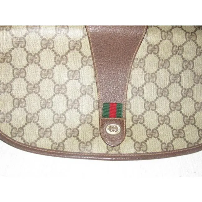 Gucci Vintage Brown Leather Large G Logo Print Coated Canvas And Red Green Stripe