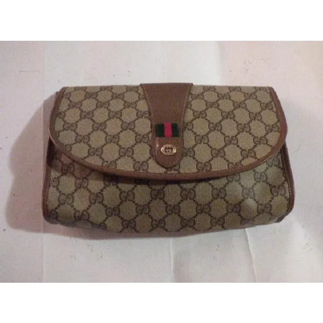 Gucci Vintage Brown Leather Large G Logo Print Coated Canvas And Red Green Stripe