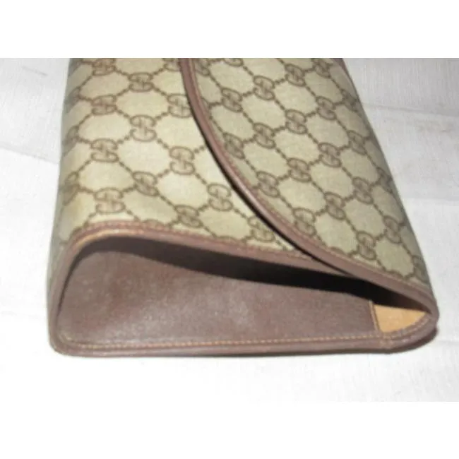 Gucci Vintage Brown Leather Large G Logo Print Coated Canvas And Red Green Stripe