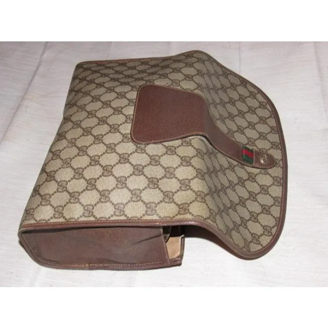 Gucci Vintage Brown Leather Large G Logo Print Coated Canvas And Red Green Stripe
