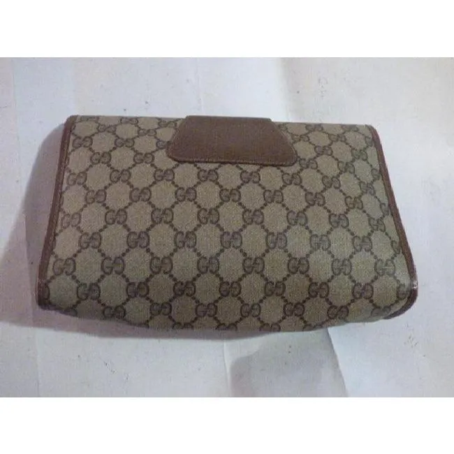 Gucci Vintage Brown Leather Large G Logo Print Coated Canvas And Red Green Stripe