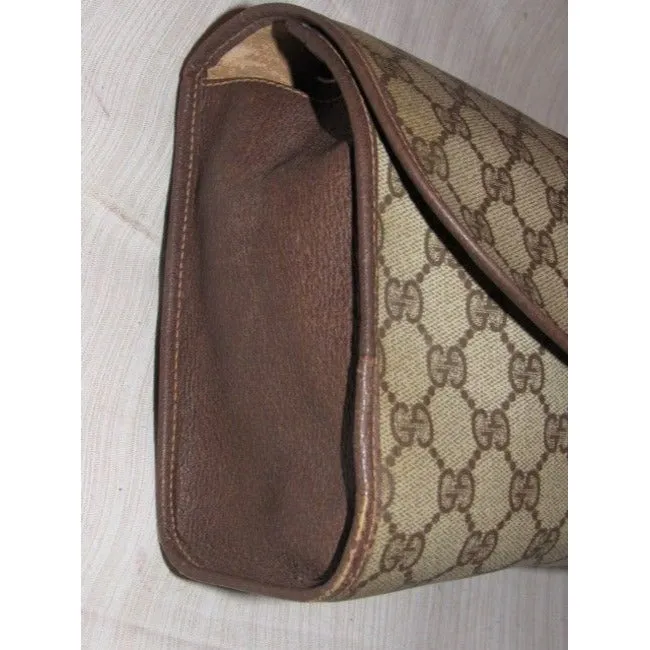 Gucci Vintage Brown Leather Large G Logo Print Coated Canvas And Red Green Stripe