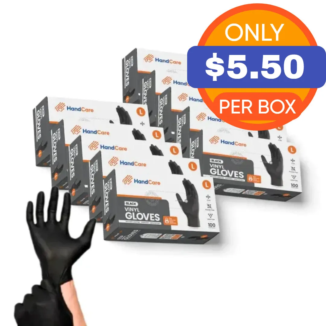 HandCare Black Vinyl Gloves - Powder Free (3 Mil), 1,000 Gloves