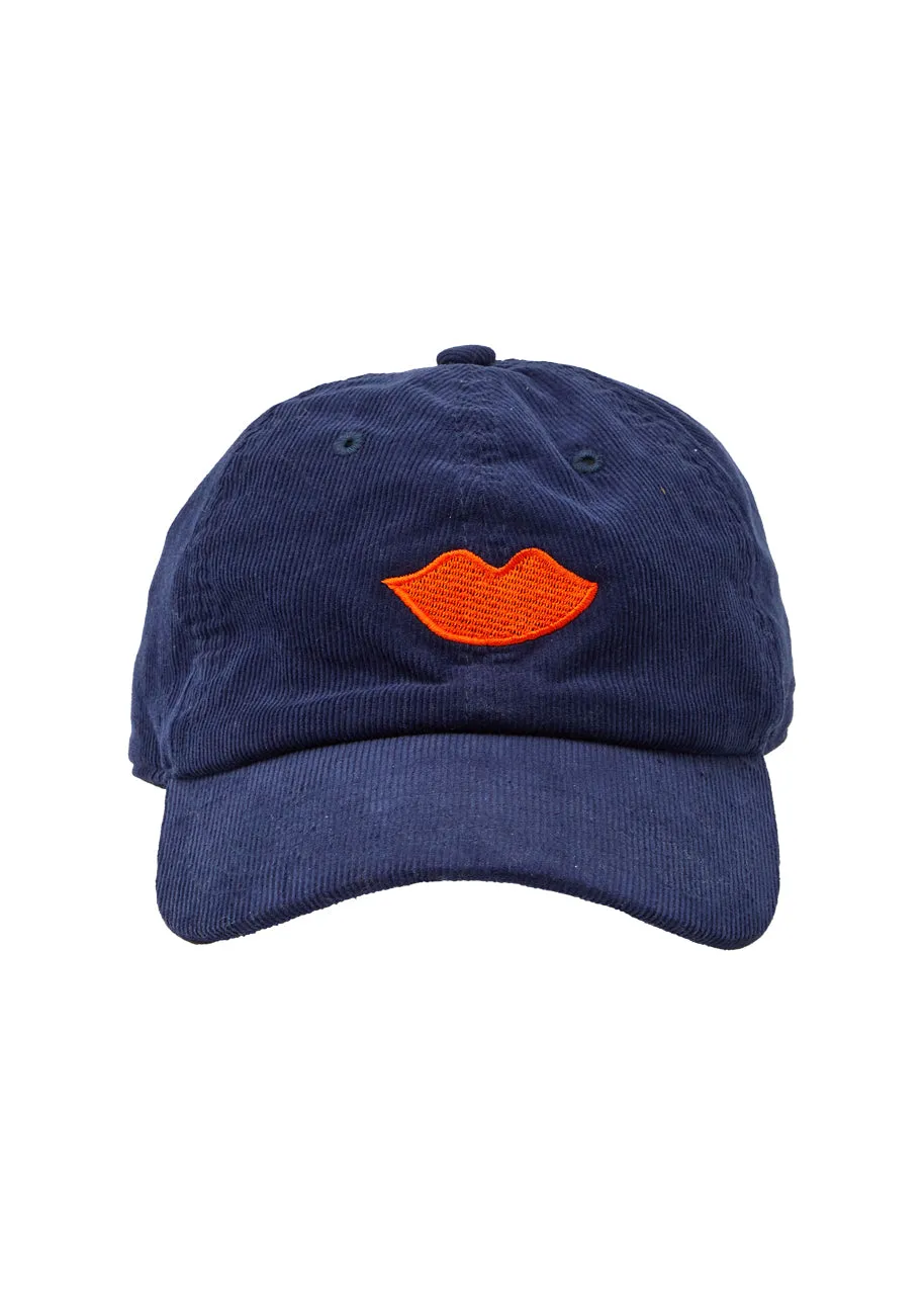 Lips corduroy baseball hat in navy w/ bright poppy