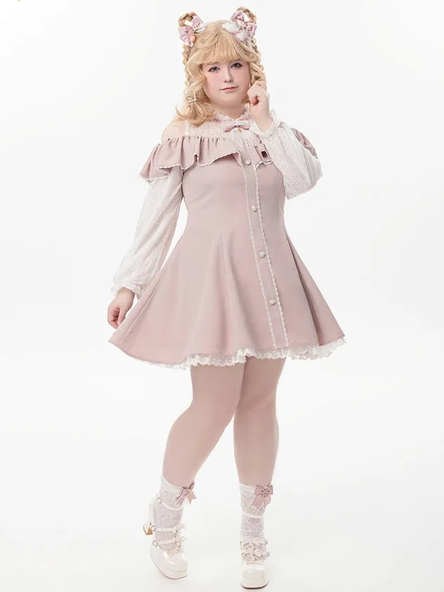 Pink Illusion Neckline Cutout Shoulder Jirai Kei Long Sleeves Dress with Bow Tie