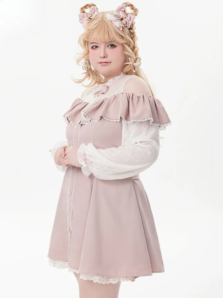 Pink Illusion Neckline Cutout Shoulder Jirai Kei Long Sleeves Dress with Bow Tie