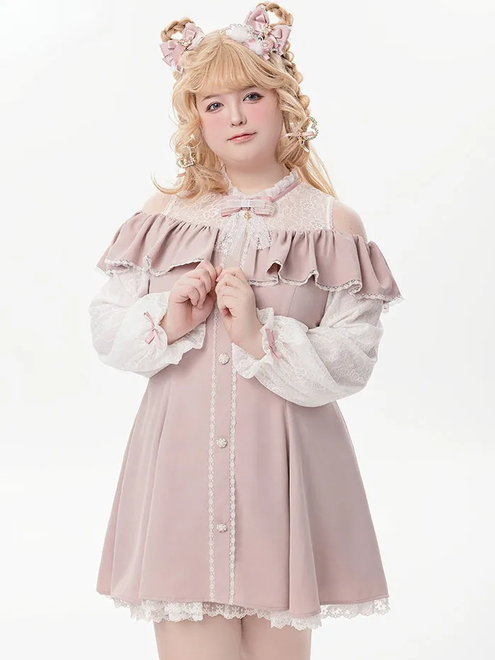 Pink Illusion Neckline Cutout Shoulder Jirai Kei Long Sleeves Dress with Bow Tie