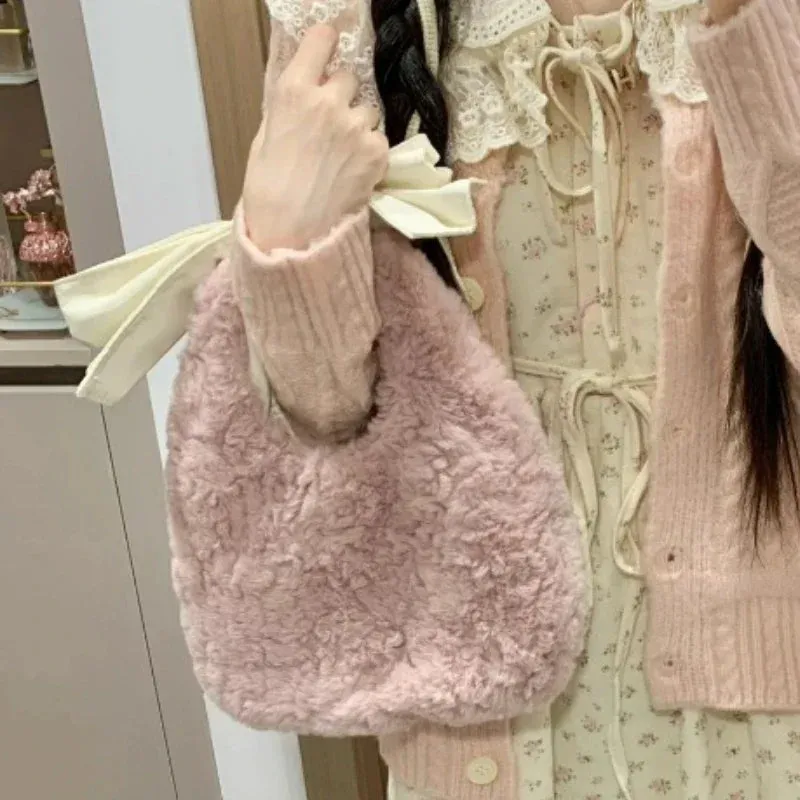 UAKISS  -  Kawaii Fairy Bow Fashion Fluffy Top-Handle Bags Korean Girls Sweet Y2k Aesthetic Purses and Handbags Women Casual Chic Clutches