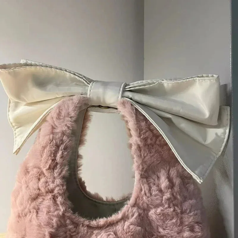 UAKISS  -  Kawaii Fairy Bow Fashion Fluffy Top-Handle Bags Korean Girls Sweet Y2k Aesthetic Purses and Handbags Women Casual Chic Clutches