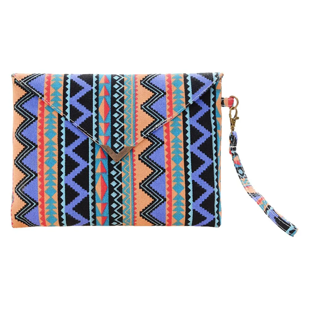 Vintage Ethnic Style Handbag Women Canvas Printing Envelope Wristlet Bag Casual Ladies Small Purse Zipper Handbags Day Clutches