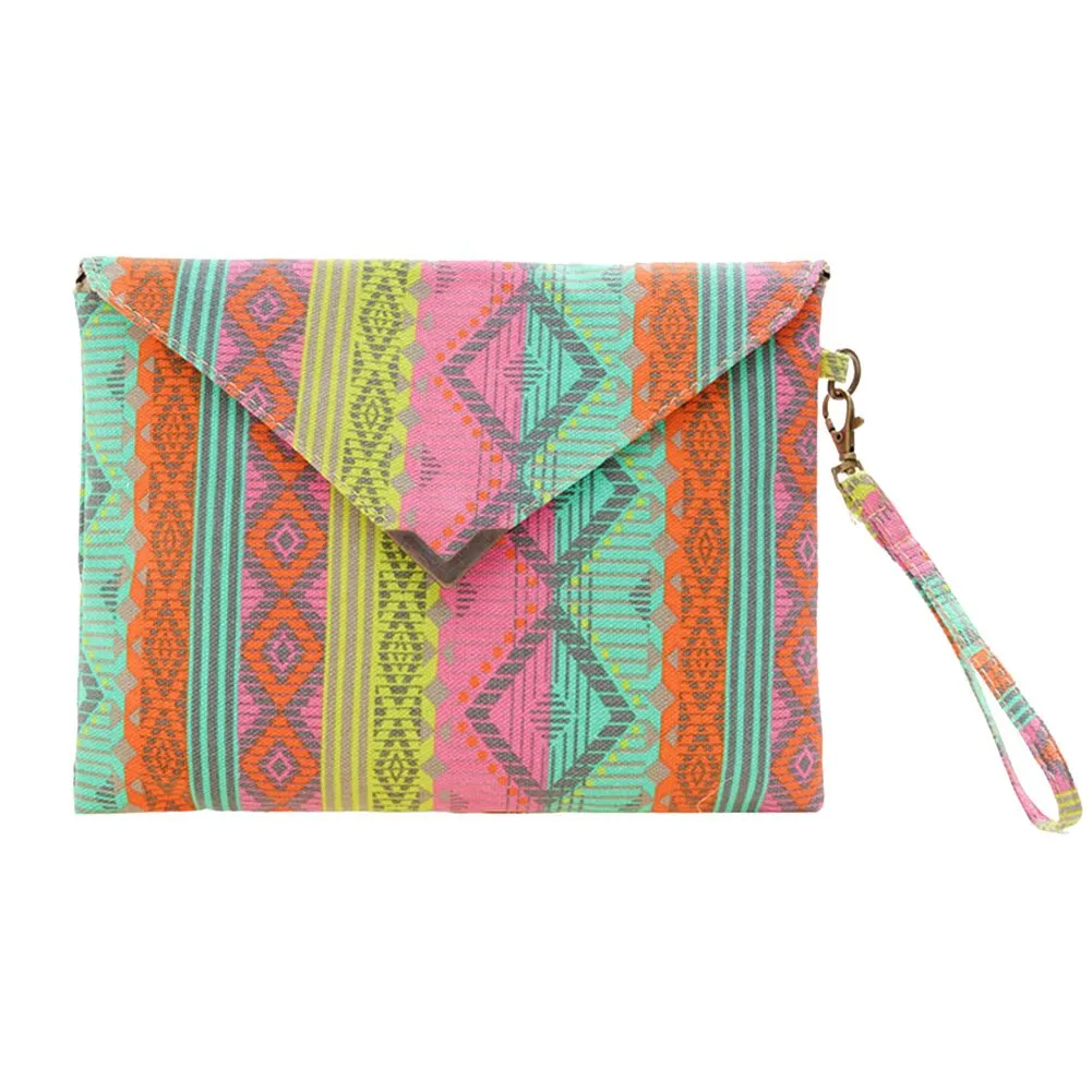 Vintage Ethnic Style Handbag Women Canvas Printing Envelope Wristlet Bag Casual Ladies Small Purse Zipper Handbags Day Clutches