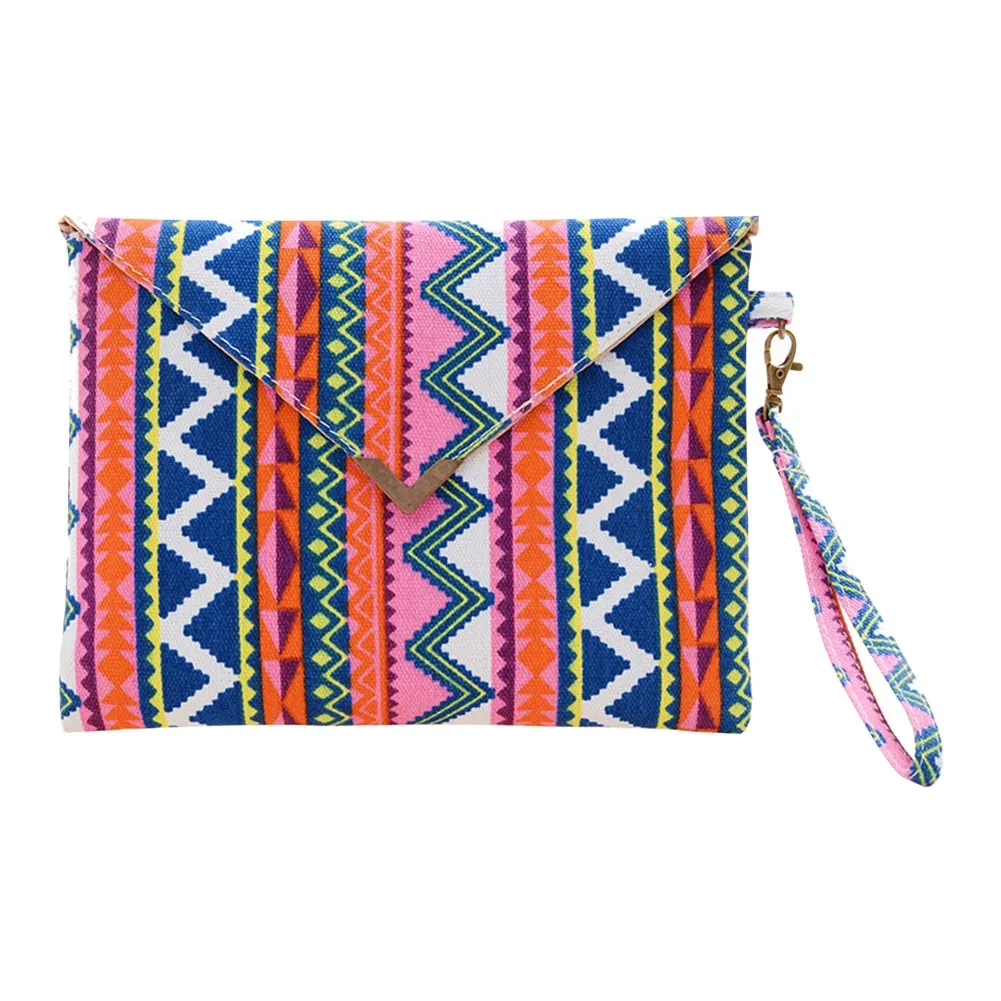 Vintage Ethnic Style Handbag Women Canvas Printing Envelope Wristlet Bag Casual Ladies Small Purse Zipper Handbags Day Clutches