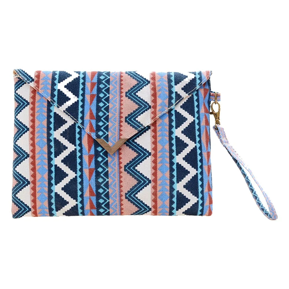 Vintage Ethnic Style Handbag Women Canvas Printing Envelope Wristlet Bag Casual Ladies Small Purse Zipper Handbags Day Clutches