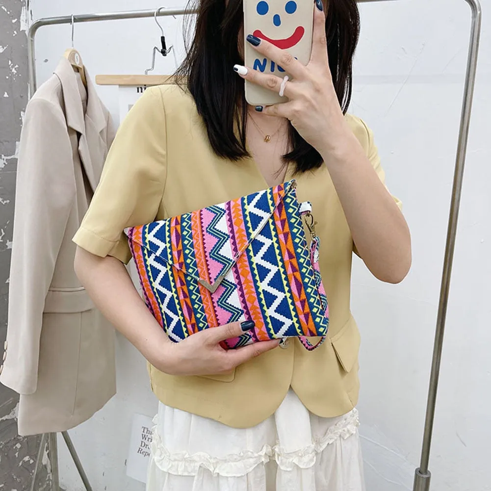 Vintage Ethnic Style Handbag Women Canvas Printing Envelope Wristlet Bag Casual Ladies Small Purse Zipper Handbags Day Clutches